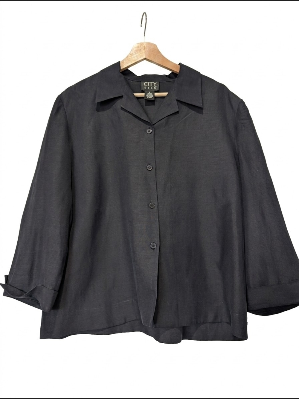 VTG City Silk Blend XL Charcoal Silk Linen Cropped Button-Front Shirt Boxy 22x23